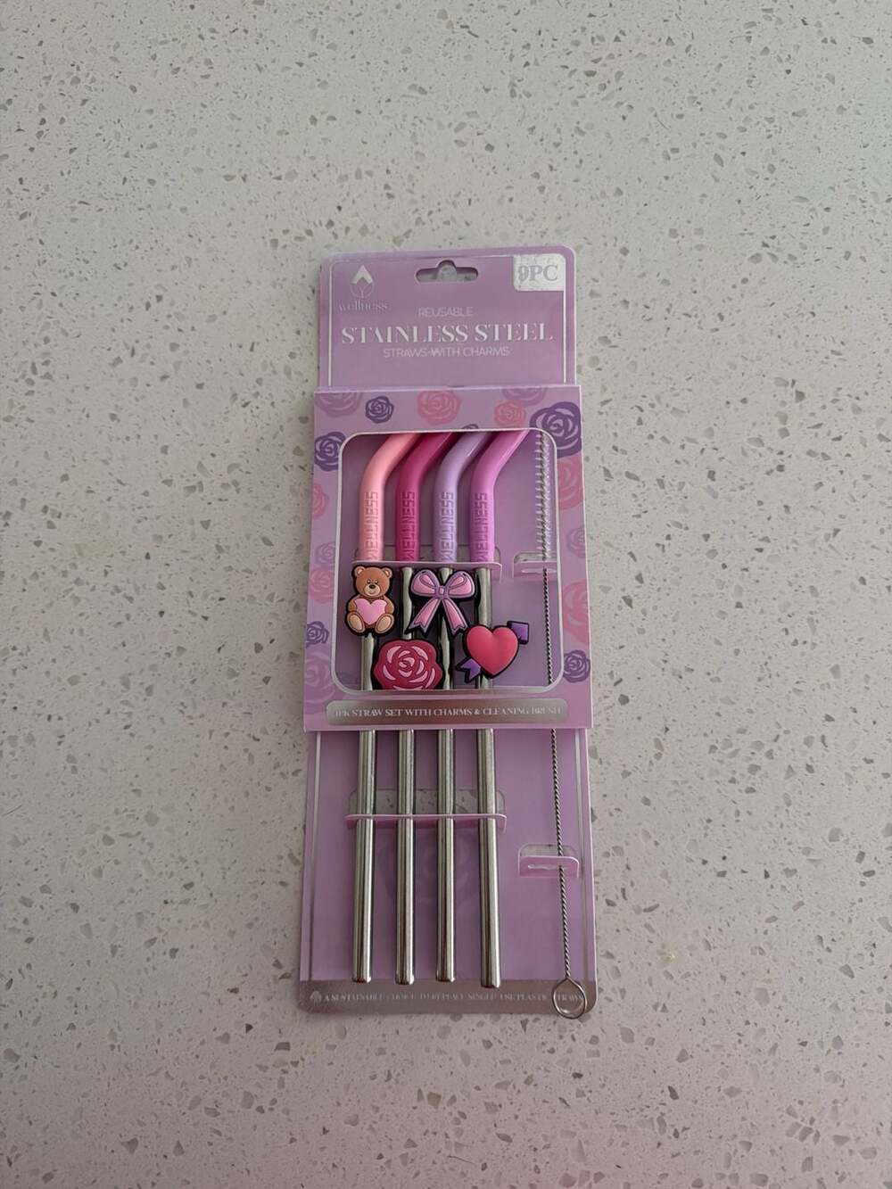 9-Piece Reusable Stainless Steel Straws with Charms & Cleaning Brush Set